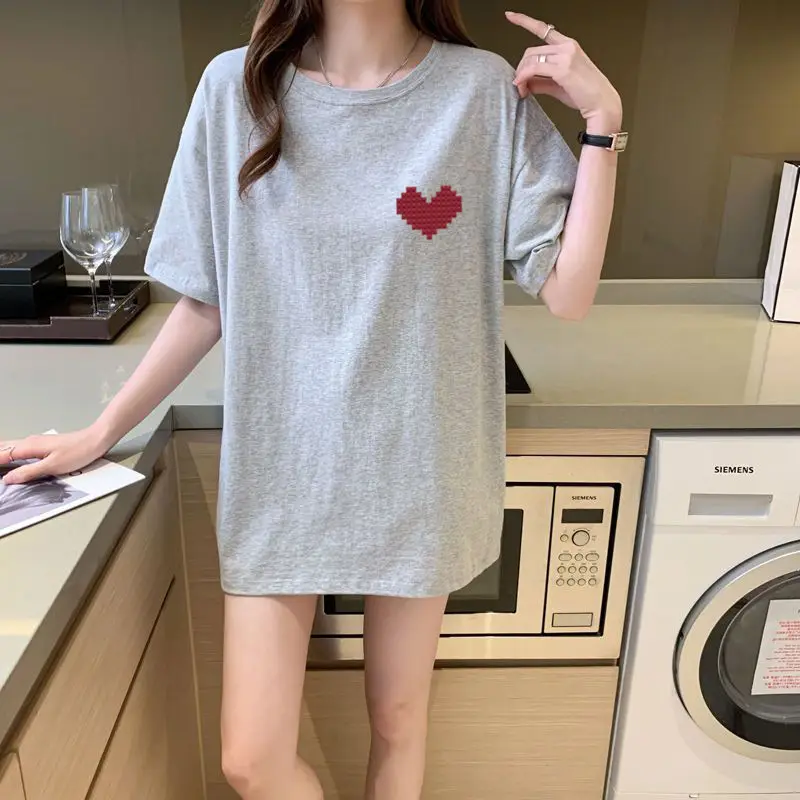 Women Black Heart Print Short Sleeve T-Shirt Mid Length 2024 - Image 15