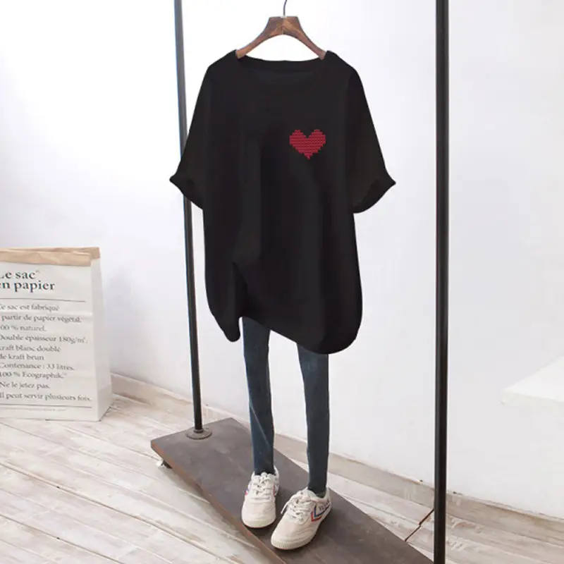 Women Black Heart Print Short Sleeve T-Shirt Mid Length 2024 — feature 15