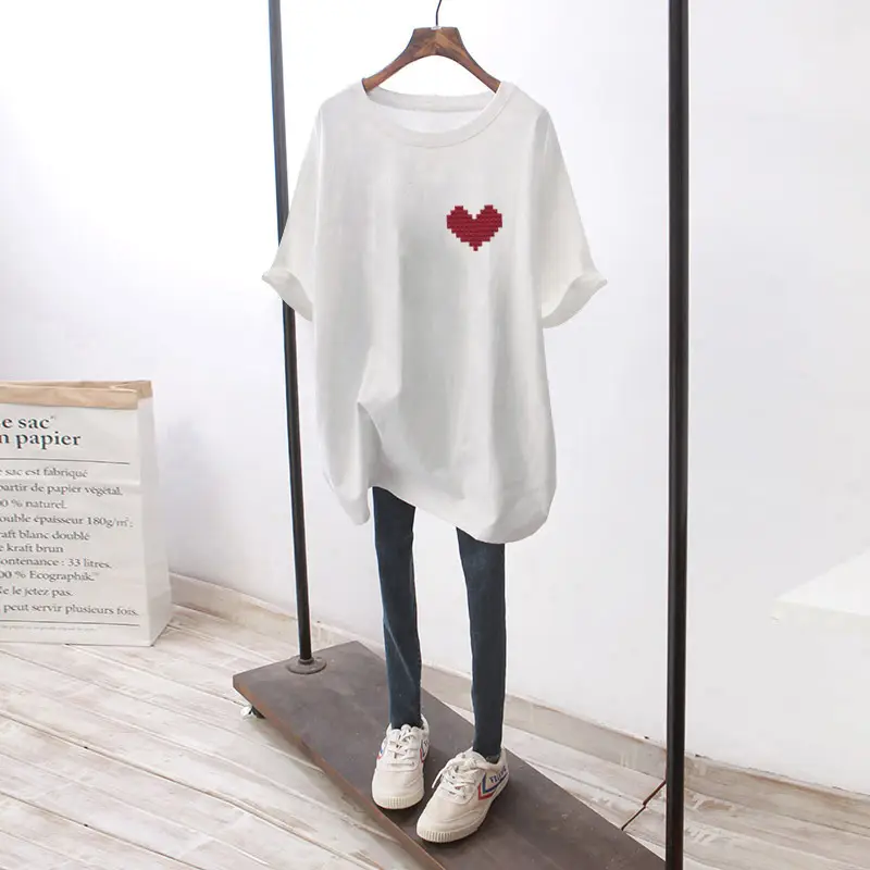 Women Black Heart Print Short Sleeve T-Shirt Mid Length 2024 — feature 16