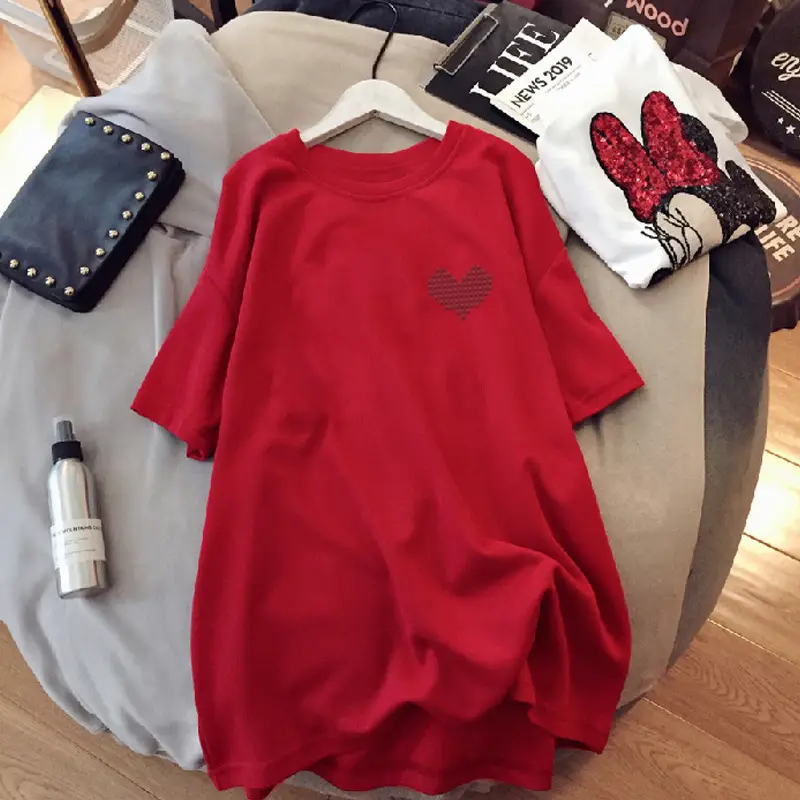 Women Black Heart Print Short Sleeve T-Shirt Mid Length 2024 — feature 24