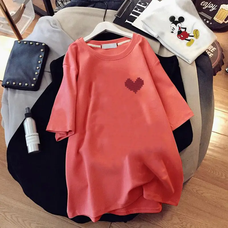 Women Black Heart Print Short Sleeve T-Shirt Mid Length 2024 — feature 30