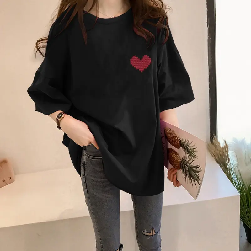 Women Black Heart Print Short Sleeve T-Shirt Mid Length 2024 — feature 33