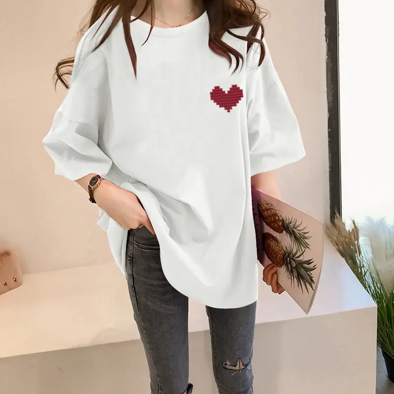 Women Black Heart Print Short Sleeve T-Shirt Mid Length 2024 — feature 34