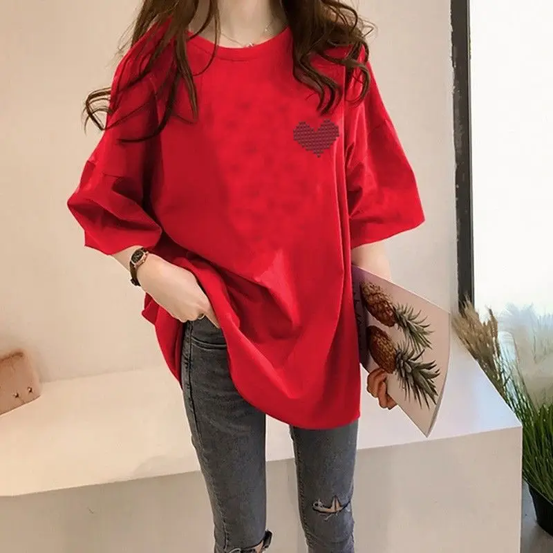 Women Black Heart Print Short Sleeve T-Shirt Mid Length 2024 — feature 36