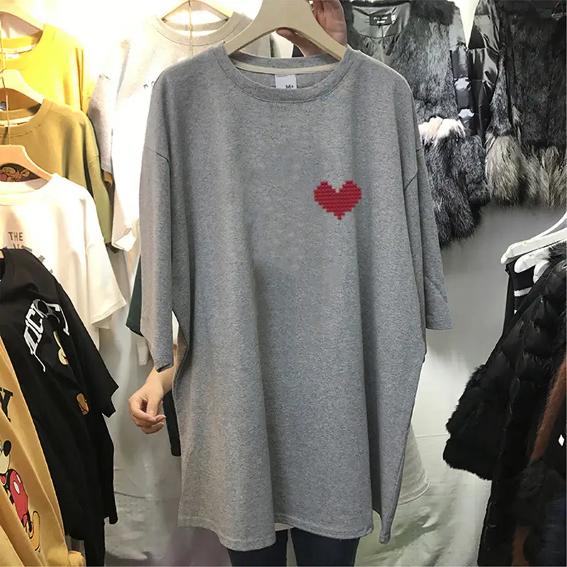 Women Black Heart Print Short Sleeve T-Shirt Mid Length 2024 — feature 37