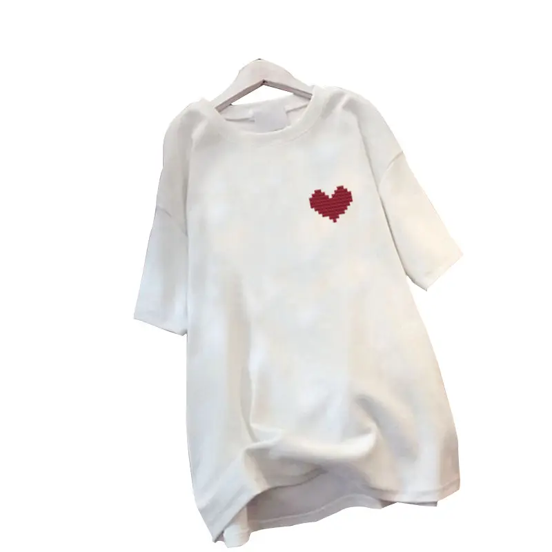 Women Black Heart Print Short Sleeve T-Shirt Mid Length 2024 — feature 38