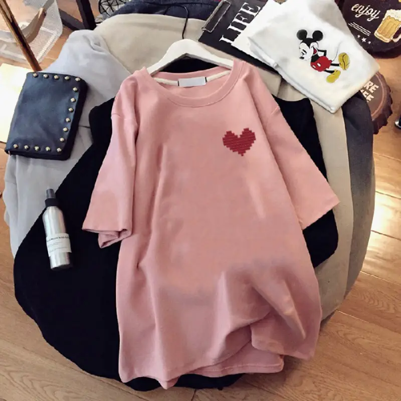 Women Black Heart Print Short Sleeve T-Shirt Mid Length 2024 - Image 4