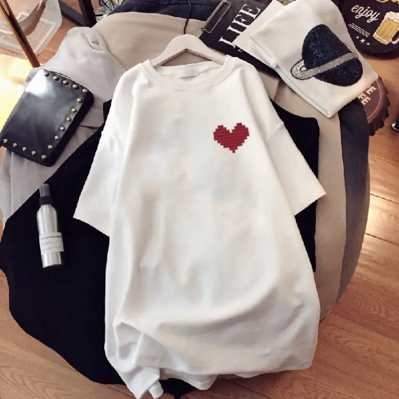 Women Black Heart Print Short Sleeve T-Shirt Mid Length 2024 - Image 5