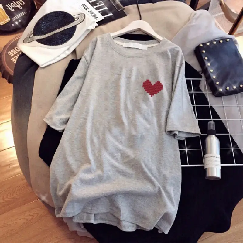 Women Black Heart Print Short Sleeve T-Shirt Mid Length 2024 - Image 7