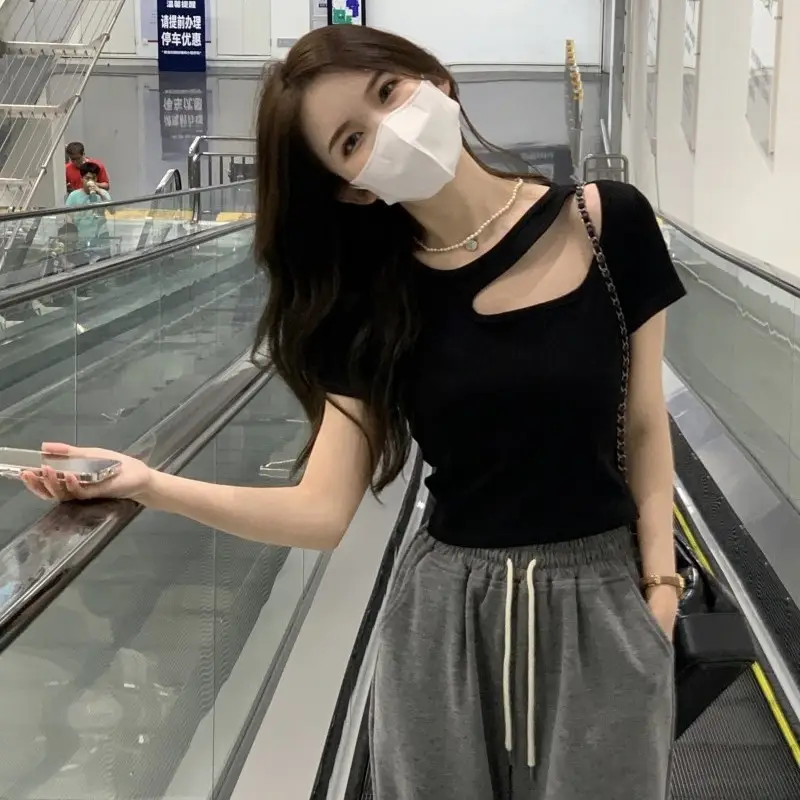 2025 Women Black Hollow Slim Fit T-Shirt - Image 3