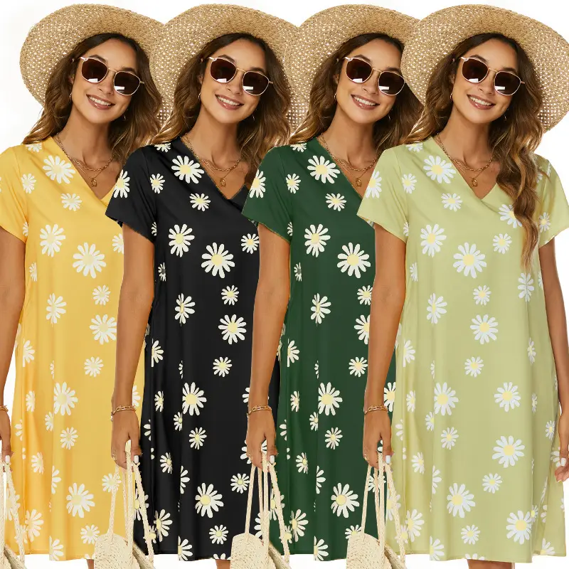 Women V-neck Dress Yellow Chrysanthemum Short Sleeve Casual A-Line - Image 5