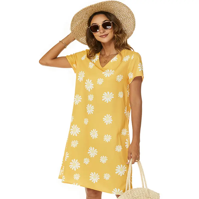 Women V-neck Dress Yellow Chrysanthemum Short Sleeve Casual A-Line - Image 6