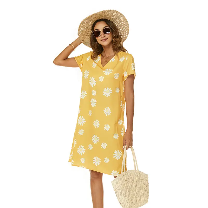 Women V-neck Dress Yellow Chrysanthemum Short Sleeve Casual A-Line - Image 2