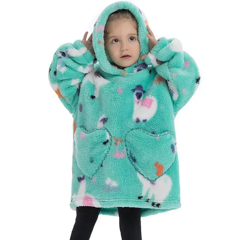 Kids Hooded Warm Blanket Pullover Blue Fox Design