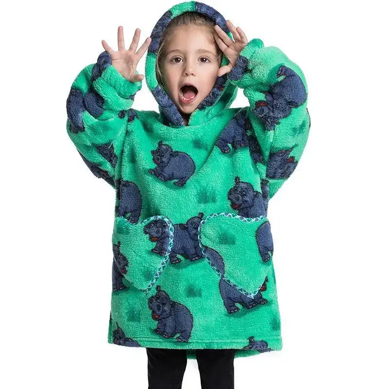 Kids Hooded Warm Blanket Pullover Blue Fox Design