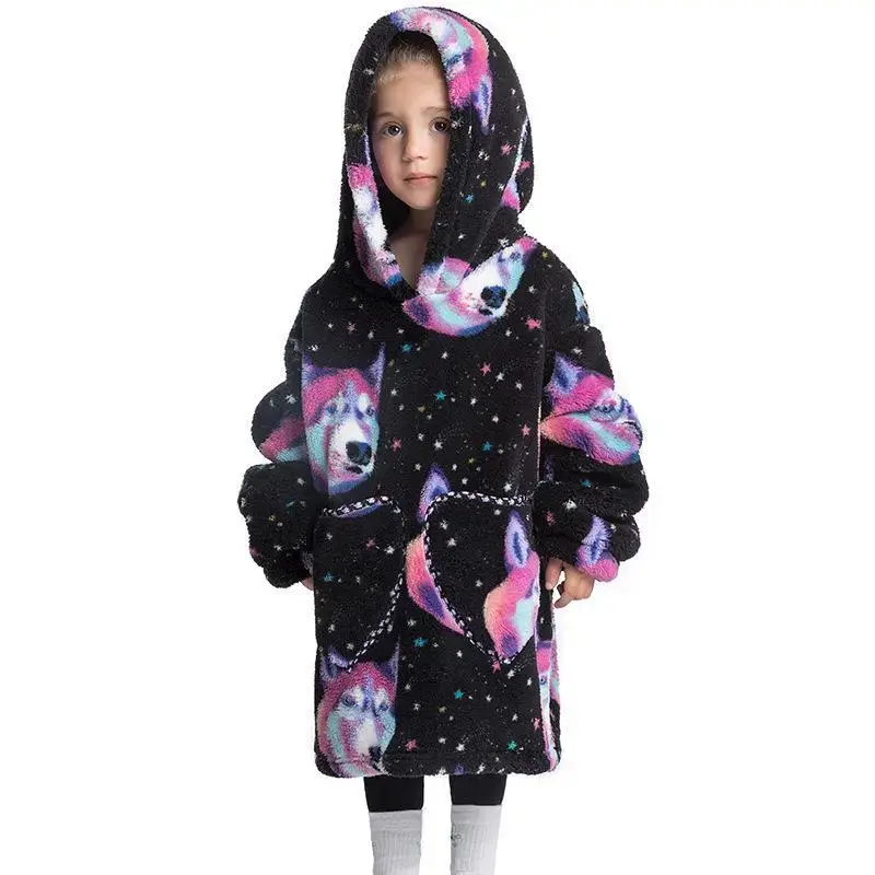 Kids Hooded Warm Blanket Pullover Blue Fox Design