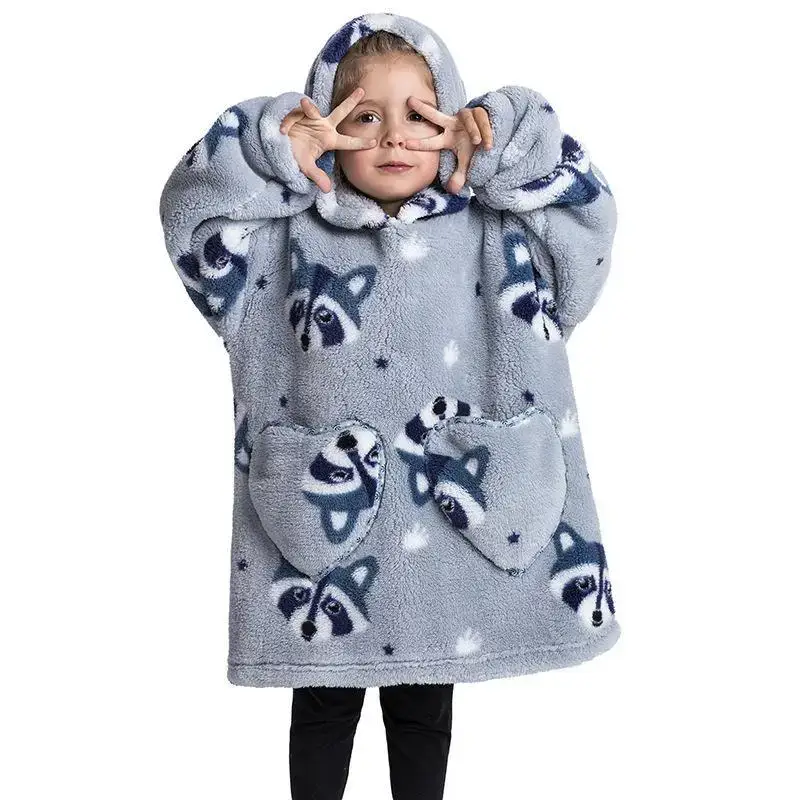 Kids Hooded Warm Blanket Pullover Blue Fox Design