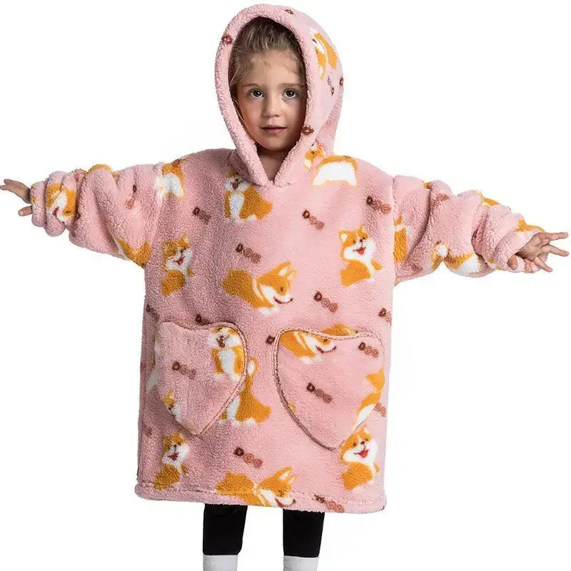 Kids Hooded Warm Blanket Pullover Blue Fox Design