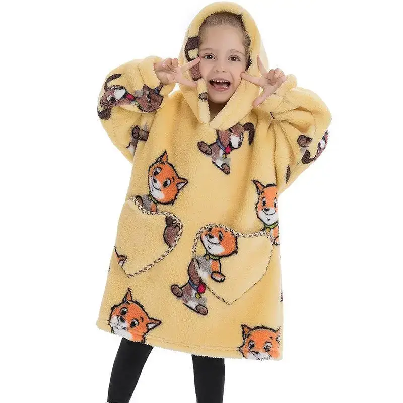 Kids Hooded Warm Blanket Pullover Blue Fox Design