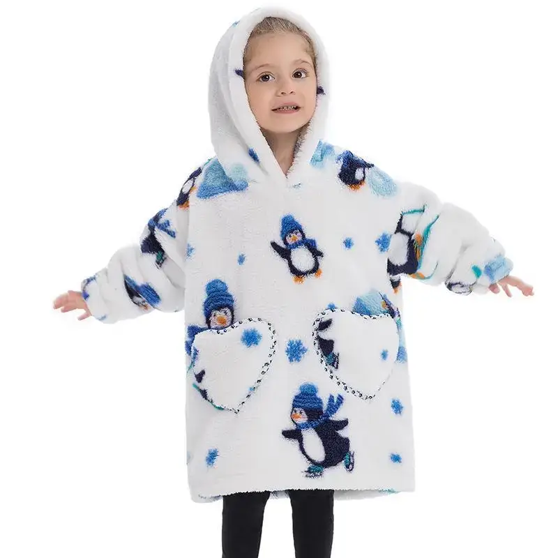 Kids Hooded Warm Blanket Pullover Blue Fox Design