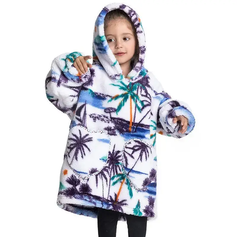 Kids Hooded Warm Blanket Pullover Blue Fox Design
