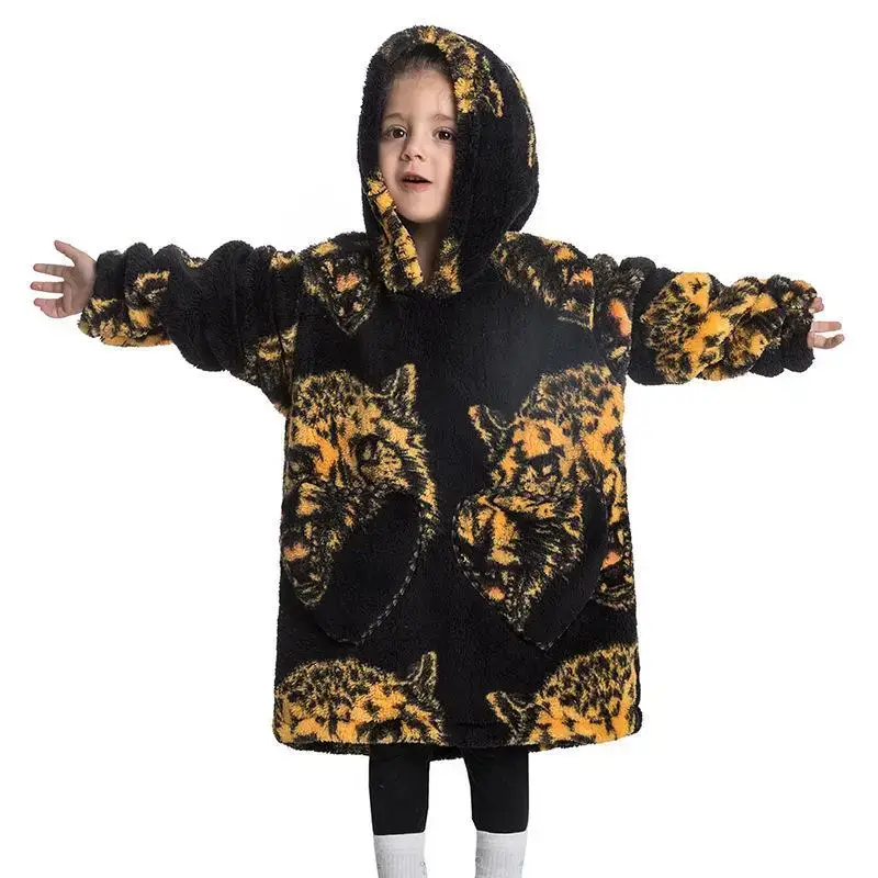 Kids Hooded Warm Blanket Pullover Blue Fox Design