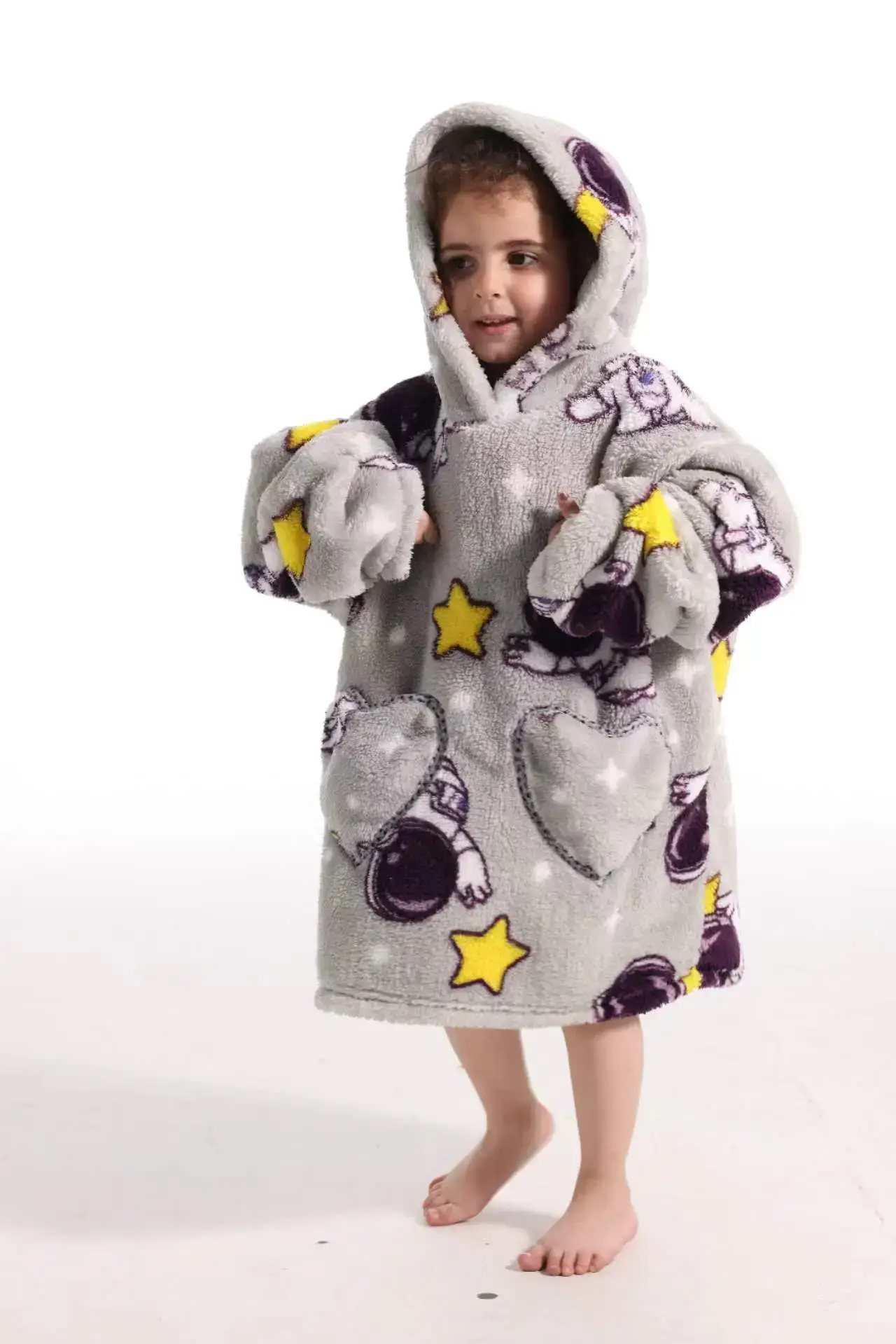 Kids Hooded Warm Blanket Pullover Blue Fox Design