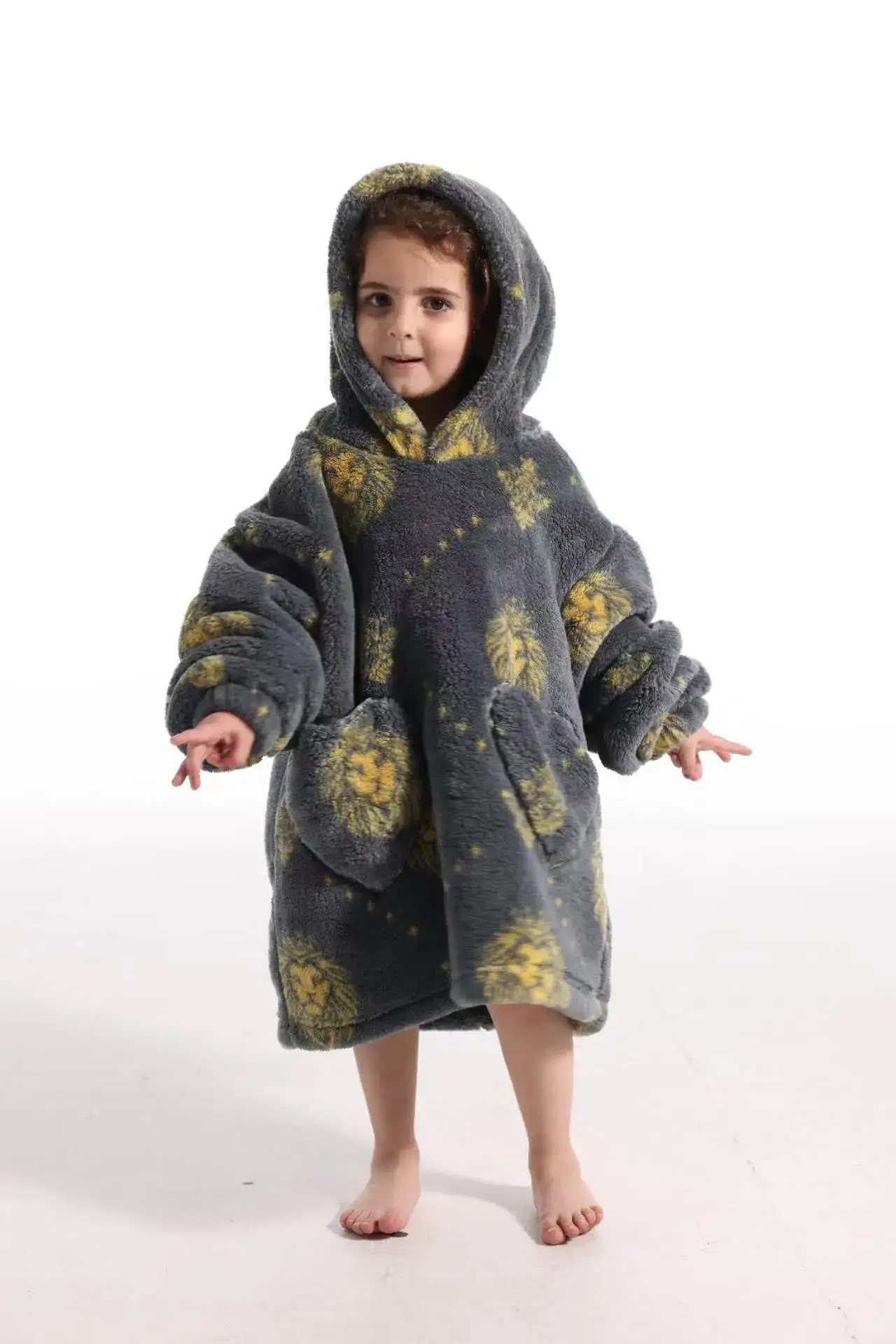 Kids Hooded Warm Blanket Pullover Blue Fox Design