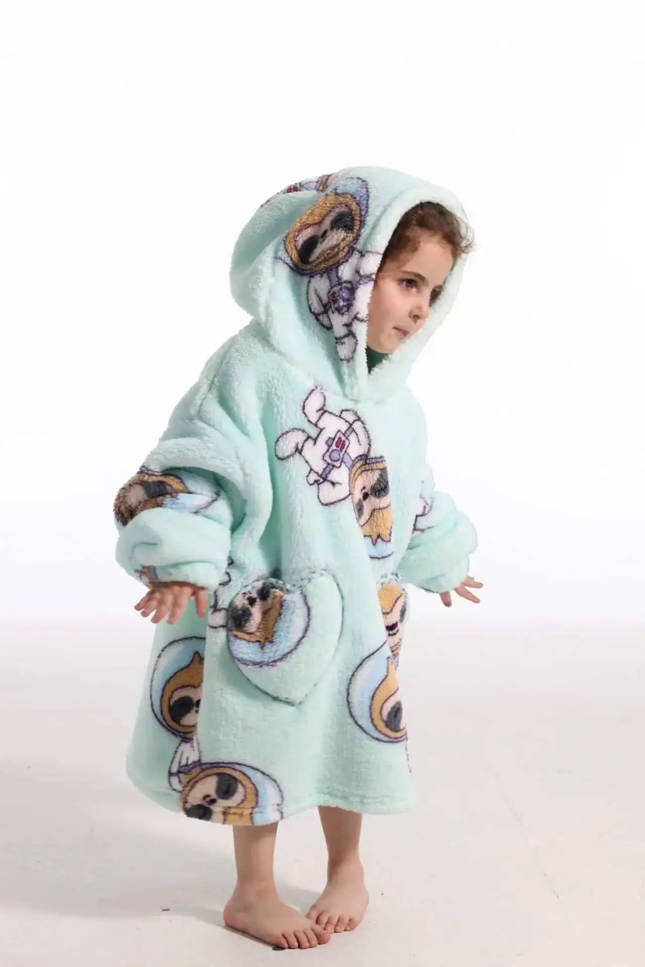 Kids Hooded Warm Blanket Pullover Blue Fox Design
