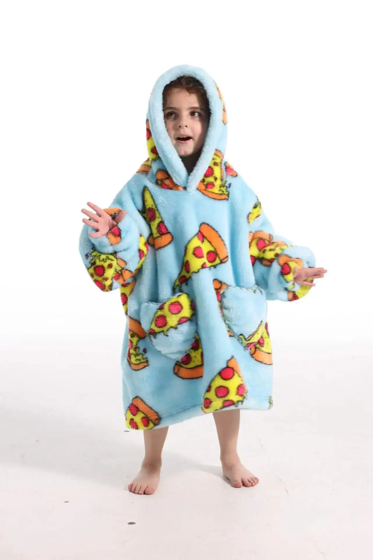Kids Hooded Warm Blanket Pullover Blue Fox Design