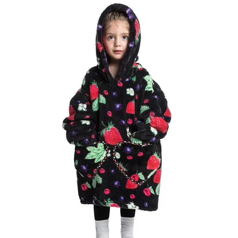 Kids Hooded Warm Blanket Pullover Blue Fox Design