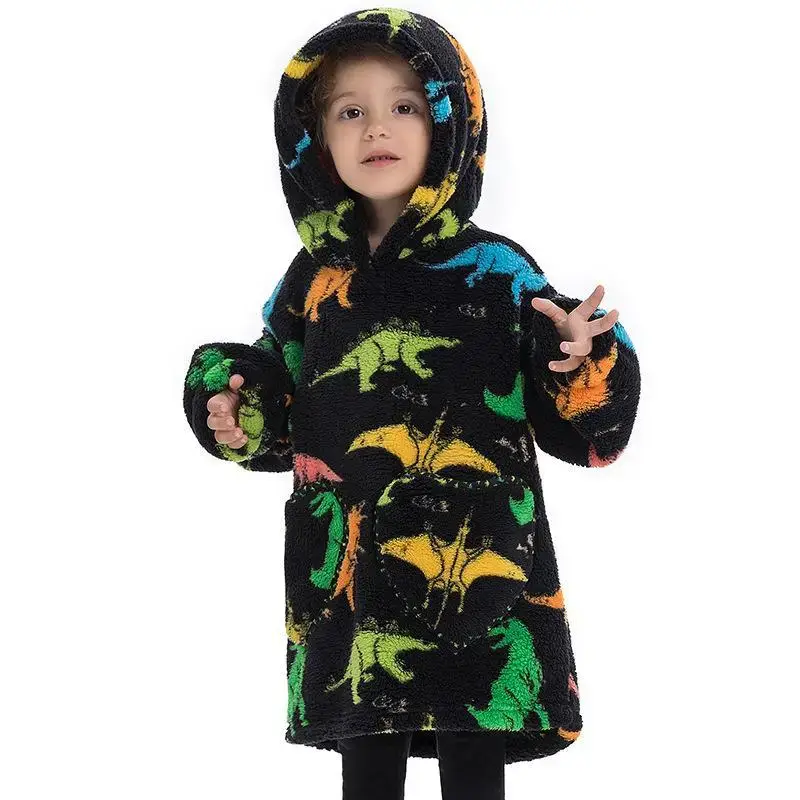 Kids Hooded Warm Blanket Pullover Blue Fox Design
