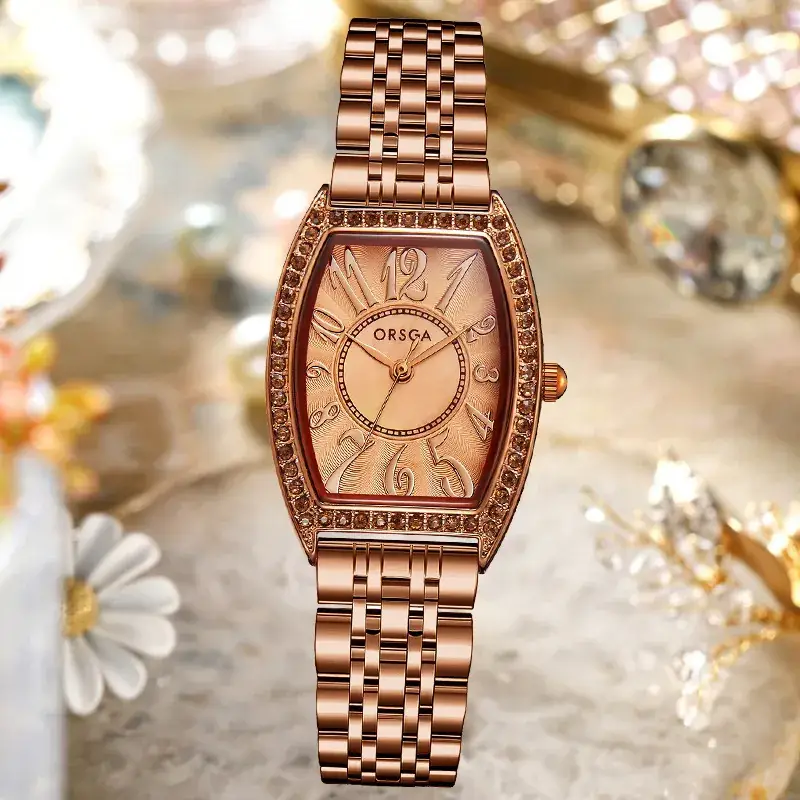 Retro Wine Barrel Women's Quartz Watch Rose Gold Diamond Band