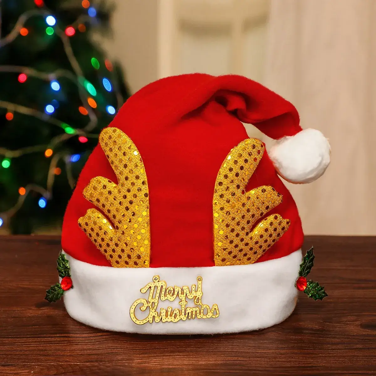 Christmas Hat with Cartoon Elk Design Red White Fleece - Image 34