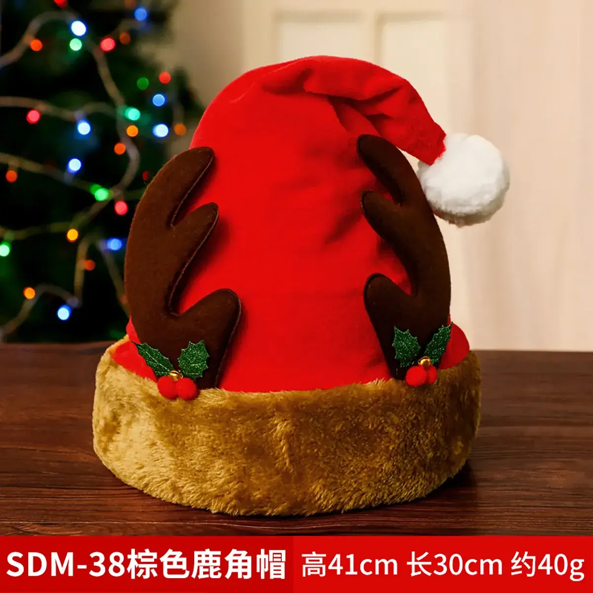 Christmas Hat with Cartoon Elk Design Red White Fleece - Image 19