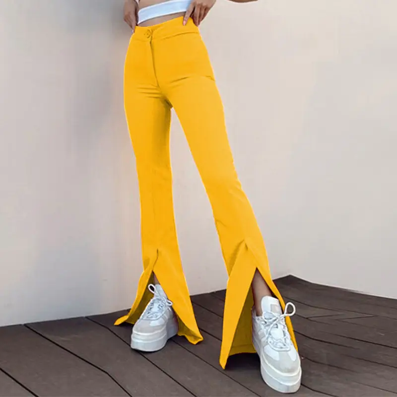 Yellow Bell Bottom Pants with Slit Design for Women