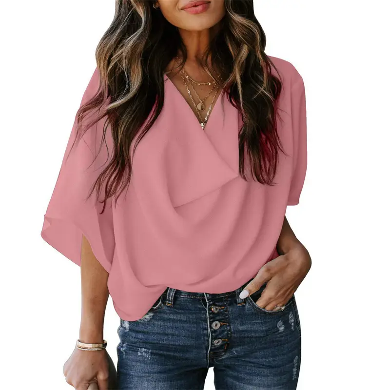 Women Chiffon V-Neck T-Shirt White Loose Fit Casual Top