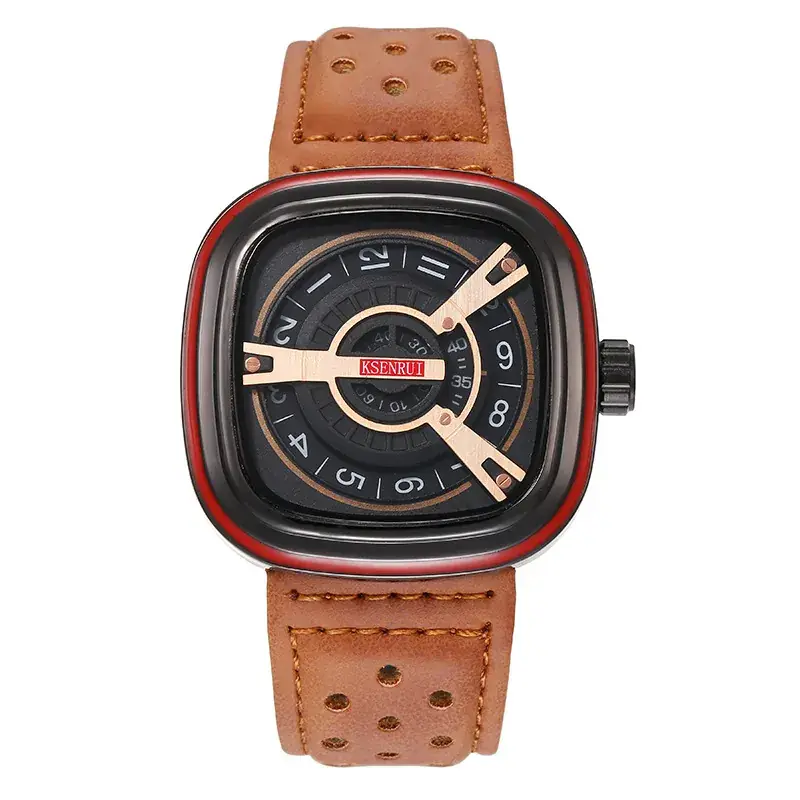 Men's Square Watch with Red Strap & Gold Dial - Image 11