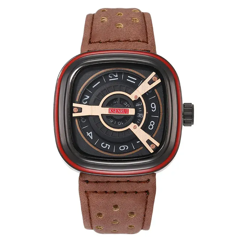 Men's Square Watch with Red Strap & Gold Dial - Image 12