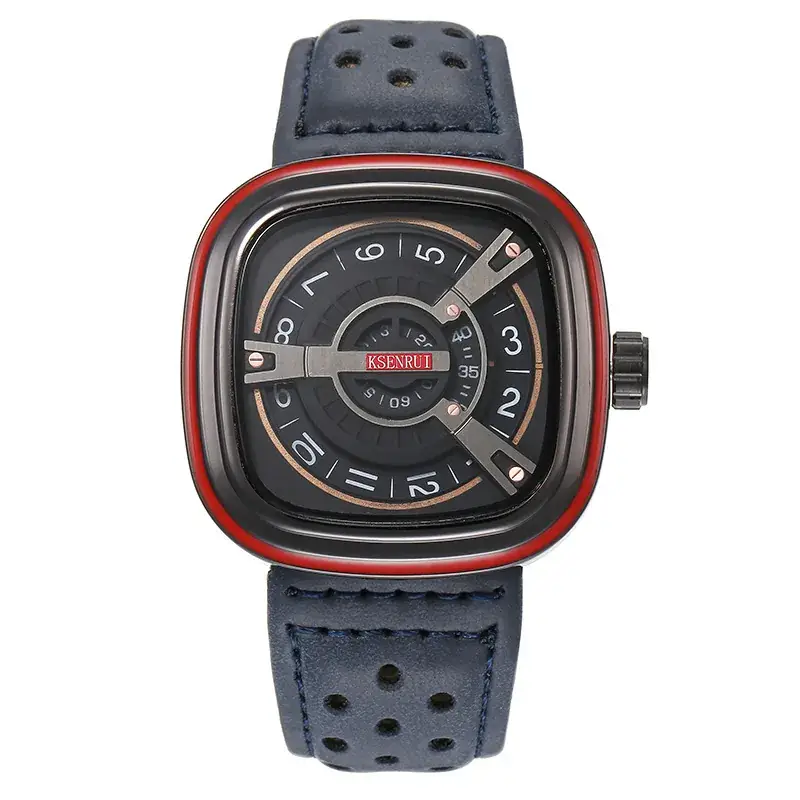 Men's Square Watch with Red Strap & Gold Dial - Image 2