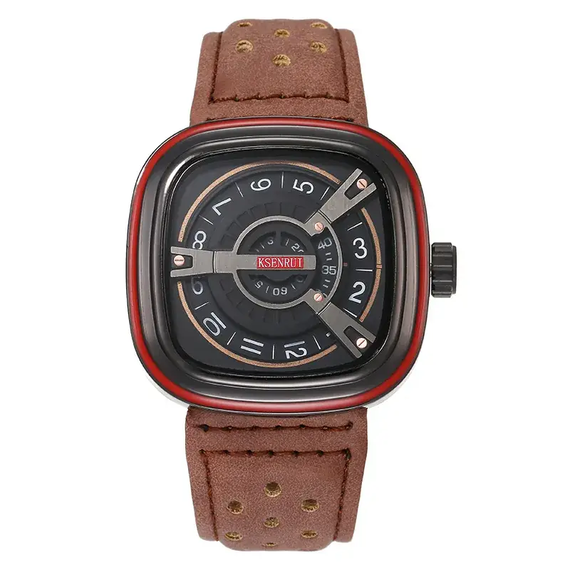 Men's Square Watch with Red Strap & Gold Dial - Image 4