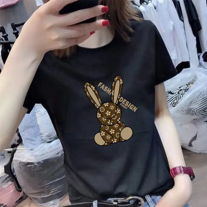 Women White Bunny Print T-Shirt Loose Sleeve Summer Casual - Image 6