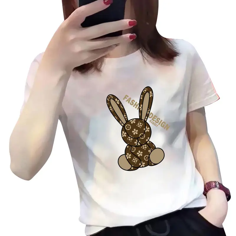 Women White Bunny Print T-Shirt Loose Sleeve Summer Casual - Image 8