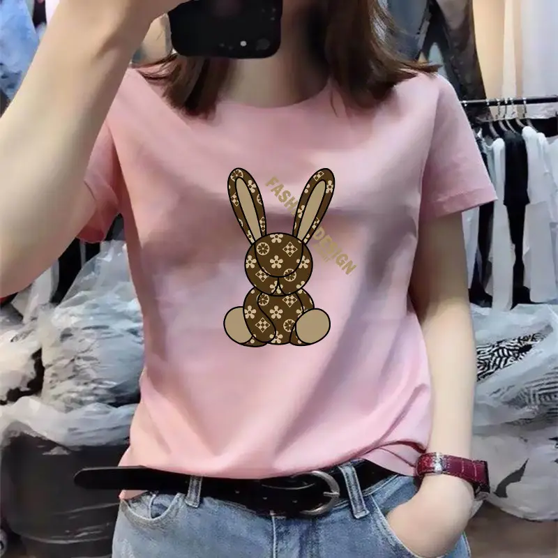 Women White Bunny Print T-Shirt Loose Sleeve Summer Casual — feature 10