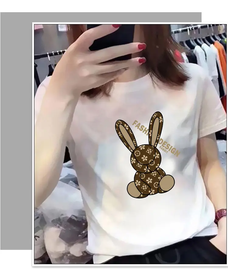 Women White Bunny Print T-Shirt Loose Sleeve Summer Casual — feature 5