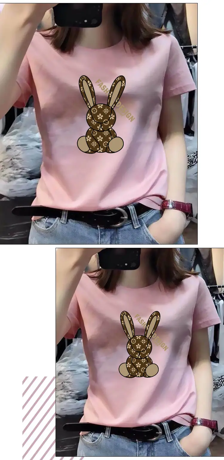 Women White Bunny Print T-Shirt Loose Sleeve Summer Casual — feature 8