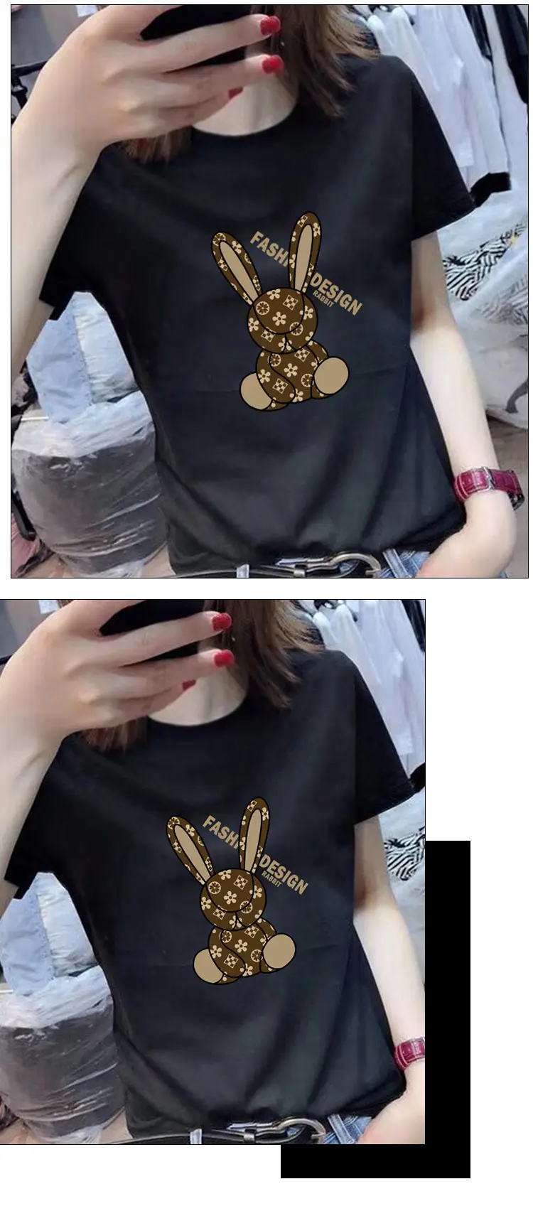 Women White Bunny Print T-Shirt Loose Sleeve Summer Casual — feature 9