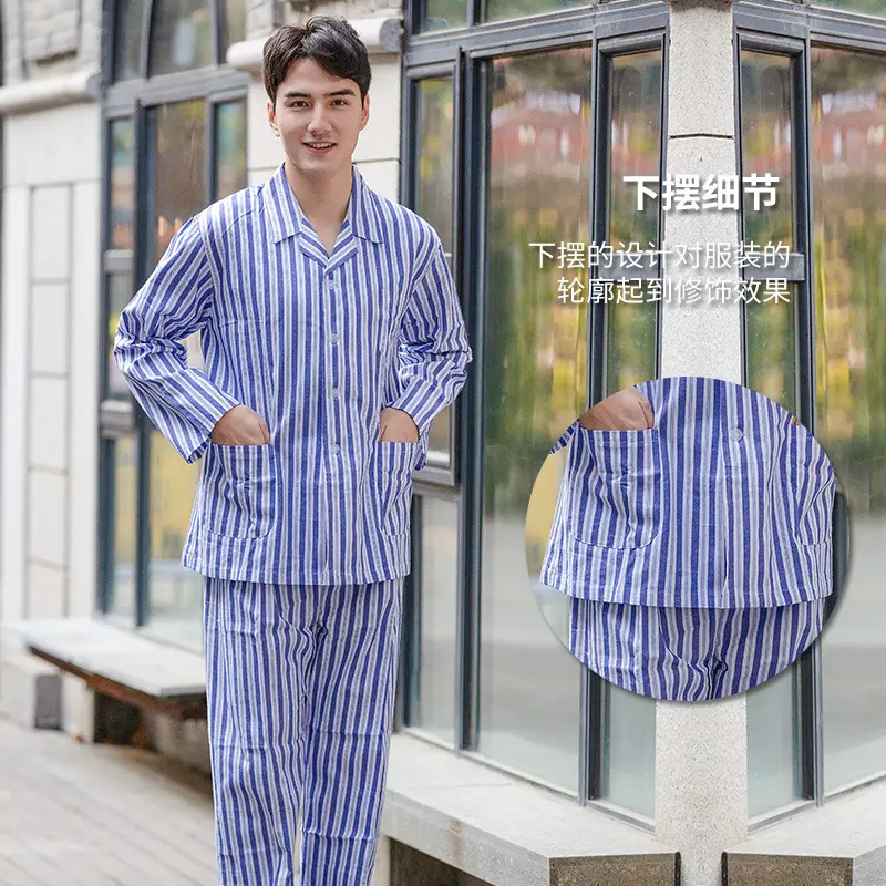Men Cotton Hospital Gown Blue Striped Long Sleeve Short Sleeve - Image 15