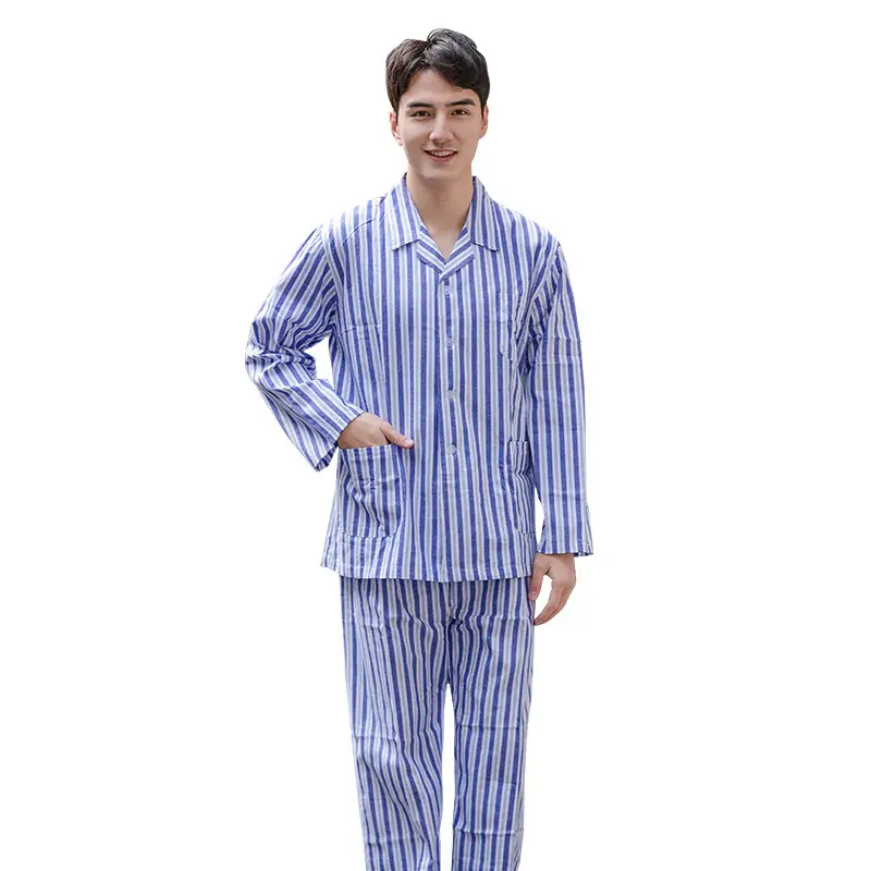 Men Cotton Hospital Gown Blue Striped Long Sleeve Short Sleeve - Image 17