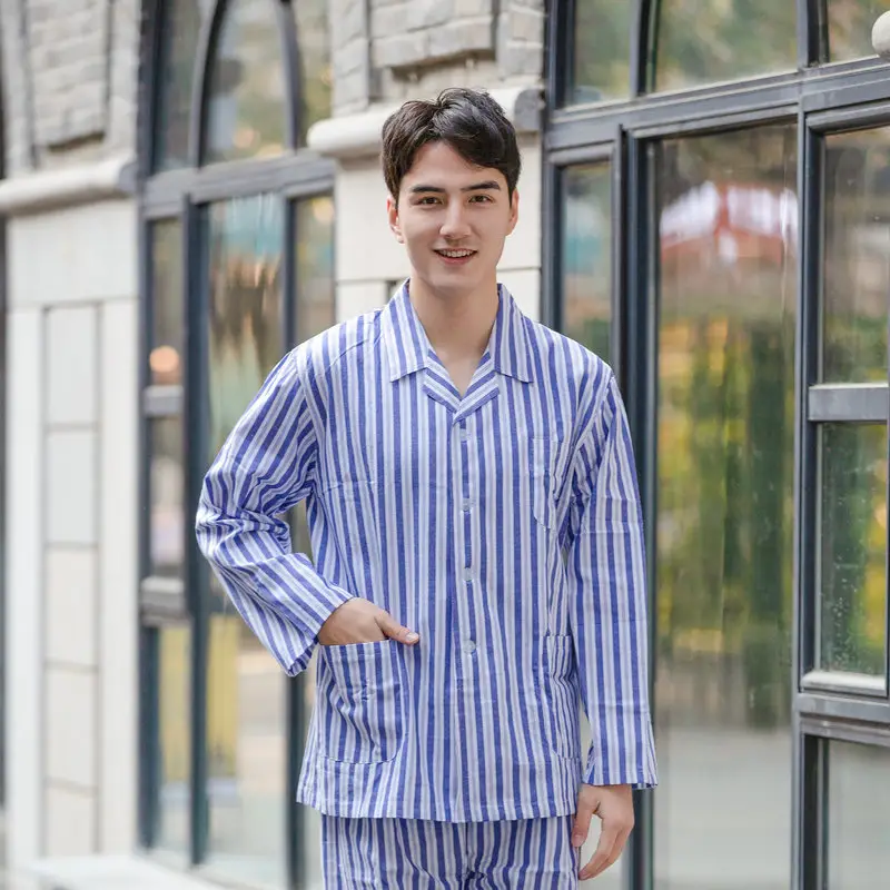 Men Cotton Hospital Gown Blue Striped Long Sleeve Short Sleeve - Image 3